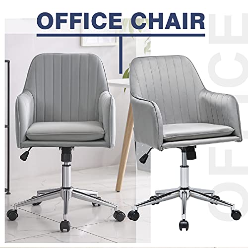 BURENMTO Home Office Chair, Modern Velvet Desk Chair with Wheels, 360° Swivel & Height Adjustable Ergonomic Desk Chairs, Mid Back Chair with Arms & Stainless Base for Bedroom,Study(Grey)