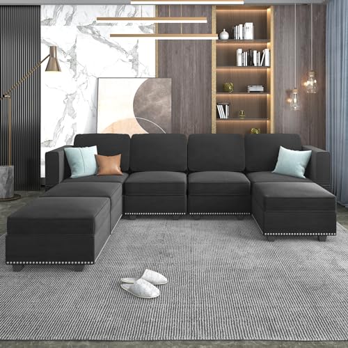 Mjkone Modular Sectional Sofa with Adjustable Armrest and Backrest for Living Room，U Shaped Couch 7 Seater Convertible Sectional Couch with Storage Ottoman -Dark Grey