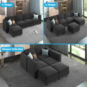 Mjkone Modular Sectional Sofa with Adjustable Armrest and Backrest for Living Room，U Shaped Couch 7 Seater Convertible Sectional Couch with Storage Ottoman -Dark Grey