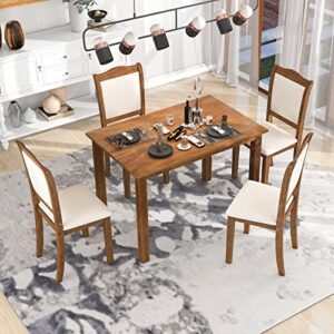 Kitchen Table and Chairs for 4 Set of 5 Simple Style Dining Table Set Rectangular Dining Room Set with 4 Upholstered Dining Chairs Wood Kitchen Table Set for Dining Room Kitchen Small Space (Walnut)