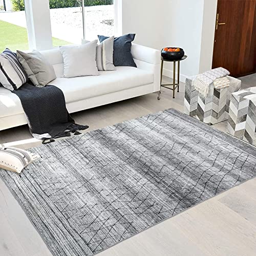 COZYLOOM Large Area Rug 8x10 Modern Geometric Rug Chic Distressed Rug Indoor Floor Cover Washable Carpet Non-Slip Thin Rug Chenille Mat Living Room Bedroom Dining Room Foldable Lightweight Rug, Grey