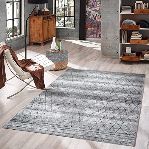 COZYLOOM Large Area Rug 8x10 Modern Geometric Rug Chic Distressed Rug Indoor Floor Cover Washable Carpet Non-Slip Thin Rug Chenille Mat Living Room Bedroom Dining Room Foldable Lightweight Rug, Grey