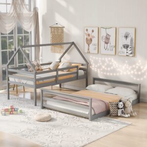 house bunk bed twin over full, low bunk bed frame with roof, guardrail, ladder, solid wood bunk bed for kids, teens, girls & boys bedroom furniture (gray, convertible into 2 separate beds)