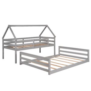 House Bunk Bed Twin Over Full, Low Bunk Bed Frame with Roof, Guardrail, Ladder, Solid Wood Bunk Bed for Kids, Teens, Girls & Boys Bedroom Furniture (Gray, Convertible Into 2 Separate Beds)