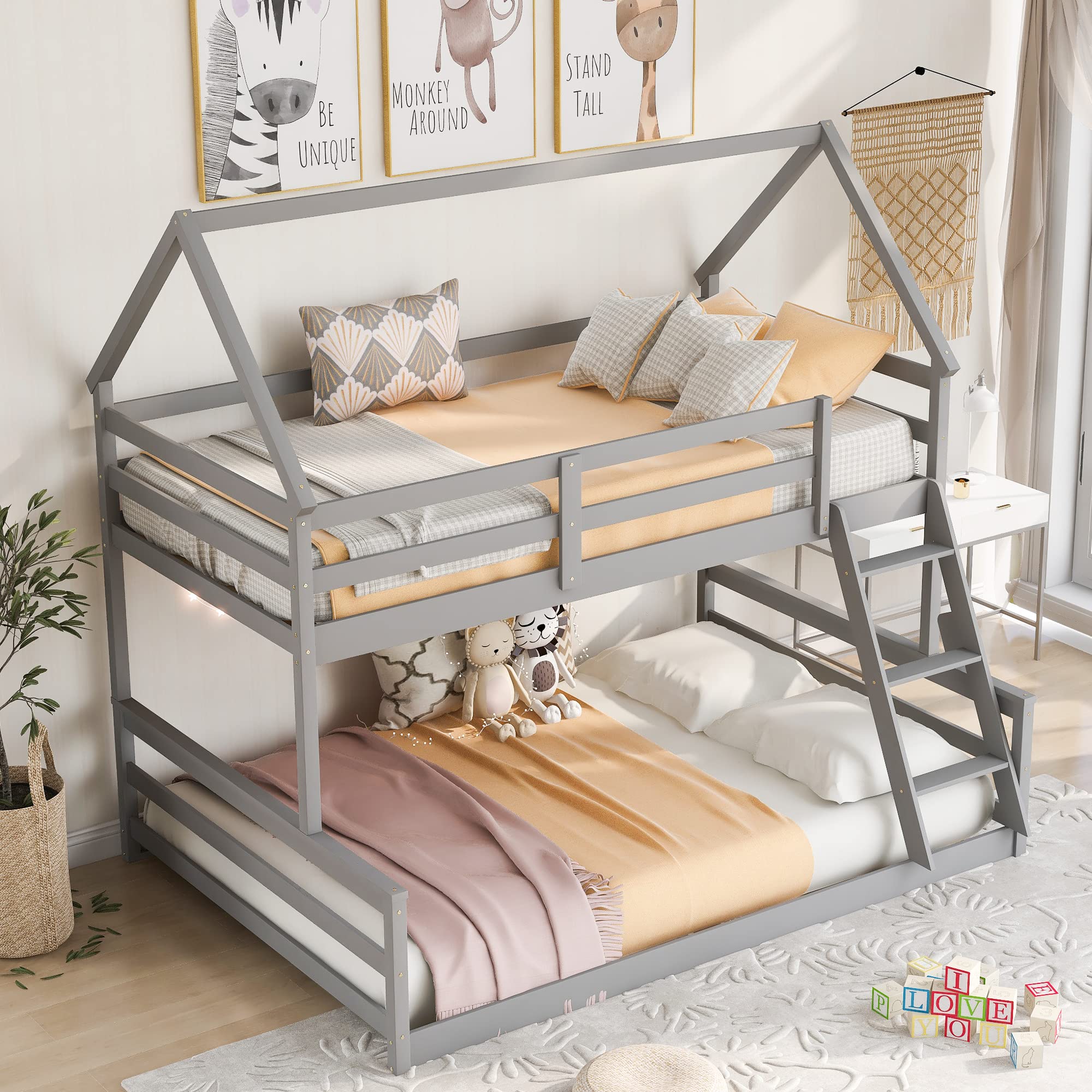 House Bunk Bed Twin Over Full, Low Bunk Bed Frame with Roof, Guardrail, Ladder, Solid Wood Bunk Bed for Kids, Teens, Girls & Boys Bedroom Furniture (Gray, Convertible Into 2 Separate Beds)