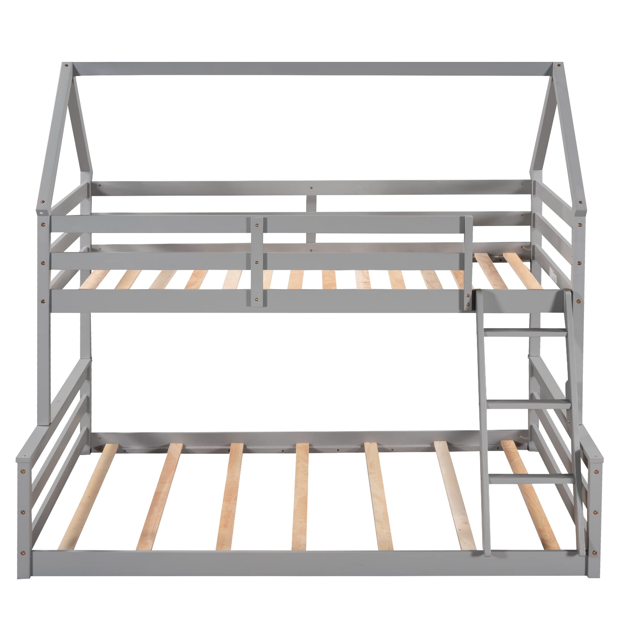 House Bunk Bed Twin Over Full, Low Bunk Bed Frame with Roof, Guardrail, Ladder, Solid Wood Bunk Bed for Kids, Teens, Girls & Boys Bedroom Furniture (Gray, Convertible Into 2 Separate Beds)