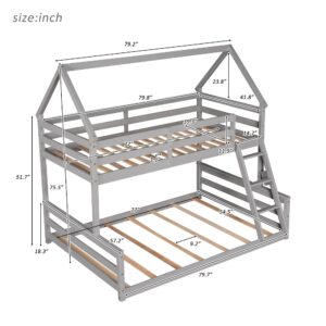 House Bunk Bed Twin Over Full, Low Bunk Bed Frame with Roof, Guardrail, Ladder, Solid Wood Bunk Bed for Kids, Teens, Girls & Boys Bedroom Furniture (Gray, Convertible Into 2 Separate Beds)