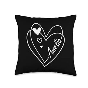 forenames personalized valentineshearts letter a amelia name handlettering personalized double heart black throw pillow, 16x16, multicolor