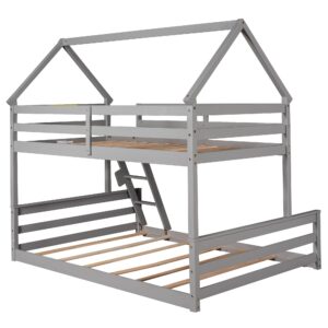 House Bunk Bed Twin Over Full, Low Bunk Bed Frame with Roof, Guardrail, Ladder, Solid Wood Bunk Bed for Kids, Teens, Girls & Boys Bedroom Furniture (Gray, Convertible Into 2 Separate Beds)
