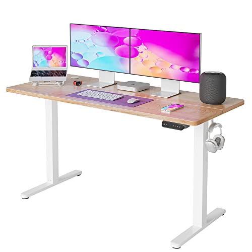 FEZIBO Electric Standing Desk, 55 x 24 Inches Height Adjustable Table, Ergonomic Home Office Furniture with Splice Board, White Frame/Maple