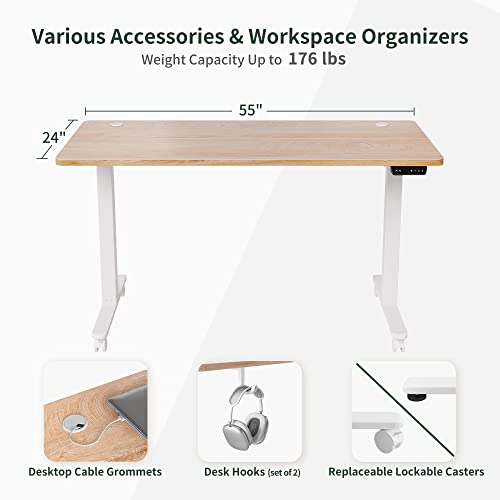 FEZIBO Electric Standing Desk, 55 x 24 Inches Height Adjustable Table, Ergonomic Home Office Furniture with Splice Board, White Frame/Maple