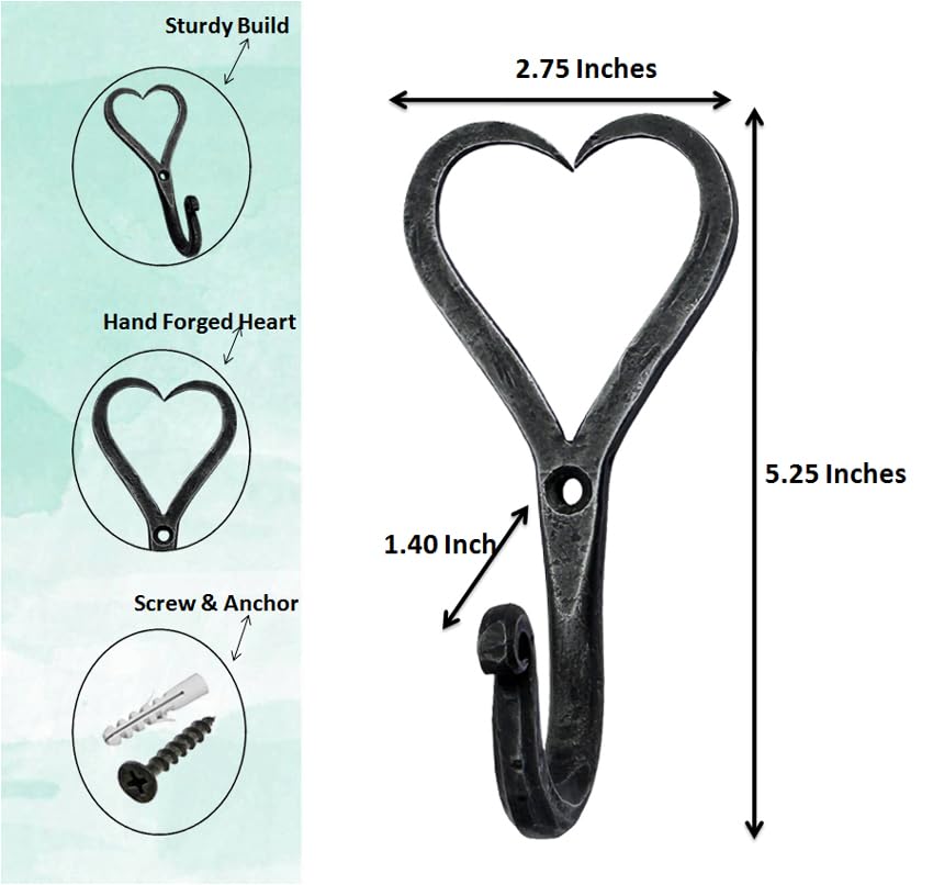 Hand Forged Heart Shape Metal Wall Hooks Wrought Iron Hook Blacksmith Vintage Wall Hook Handmade Wall Mounted Rustic Hooks for Office and Home Black Antique Finish Wall Hooks by Living Ideas