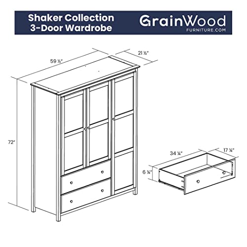 Grain Wood Furniture Shaker 3-Door Wardrobe, Cherry
