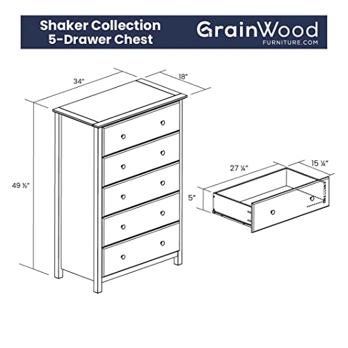 Grain Wood Furniture Shaker 5-Drawer Chest, Walnut