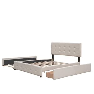 SIYSNKSI Modern Queen Size Platform Bed with 2 Drawers and 1 Twin XL Trundle, Upholstered Platform Bed Frame with Wood Slats and Headboard, Linen Fabric Storage Bed (Dark Beige-Queen-4)