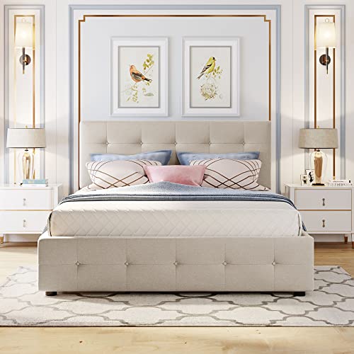 SIYSNKSI Modern Queen Size Platform Bed with 2 Drawers and 1 Twin XL Trundle, Upholstered Platform Bed Frame with Wood Slats and Headboard, Linen Fabric Storage Bed (Dark Beige-Queen-4)