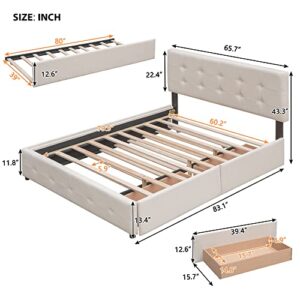 SIYSNKSI Modern Queen Size Platform Bed with 2 Drawers and 1 Twin XL Trundle, Upholstered Platform Bed Frame with Wood Slats and Headboard, Linen Fabric Storage Bed (Dark Beige-Queen-4)