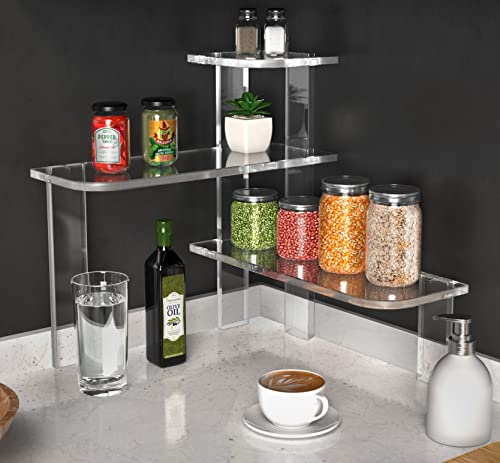 STAUBER Best Acrylic Countertop Corner Shelf Organizer (Clear) - 3 Tier Shelves for Kitchen or Bathroom - Storage Display Counter Shelves