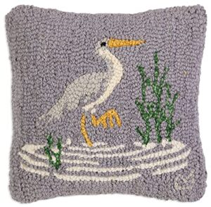 chandler 4 corners artist-designed egret hand-hooked wool decorative throw pillow (14” x 14”) wildlife pillow for couches & beds - easy care & low maintenance - nature, wilderness, bird home decor