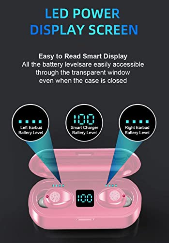 eDealz Fully Wireless Bluetooth 5.0 Rechargeable IPX7 Waterproof Earbud Headphones w Microphone, 2000mAh USB Smart Dual Charging Case/Stand Surround Stereo Bass and Passive Noise Cancelling (Pink)