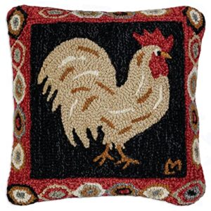 chandler 4 corners artist-designed hen house rooster hand-hooked wool decorative throw pillow (18” x 18”) farm & garden pillow for couches & beds-easy care, low maintenance chicken farmhouse pillow