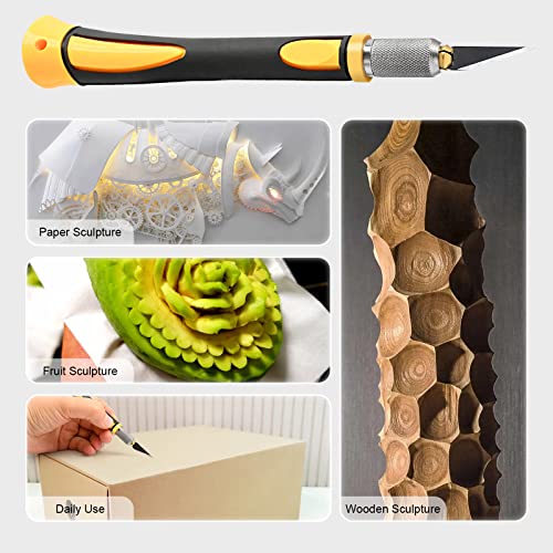 FOSHIO 2 Pack Precision Craft Knife Set with 20 Pieces Replacement Blades, Ergonomic Non-Slip Handle Hobby Knife with Protective Cover for Art, Craft Scrapbooking, Stencil (Yellow)