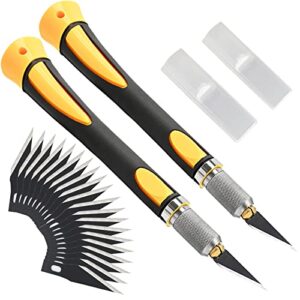 foshio 2 pack precision craft knife set with 20 pieces replacement blades, ergonomic non-slip handle hobby knife with protective cover for art, craft scrapbooking, stencil (yellow)