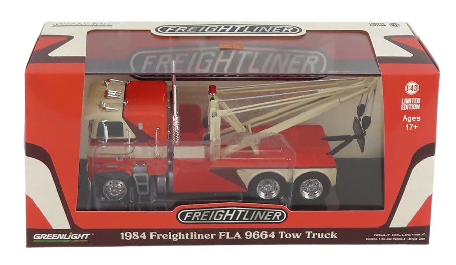 Greenlight 86631 1984 Freightliner FLA 9664 Tow Truck - Orange, White and Brown 1/43 Scale