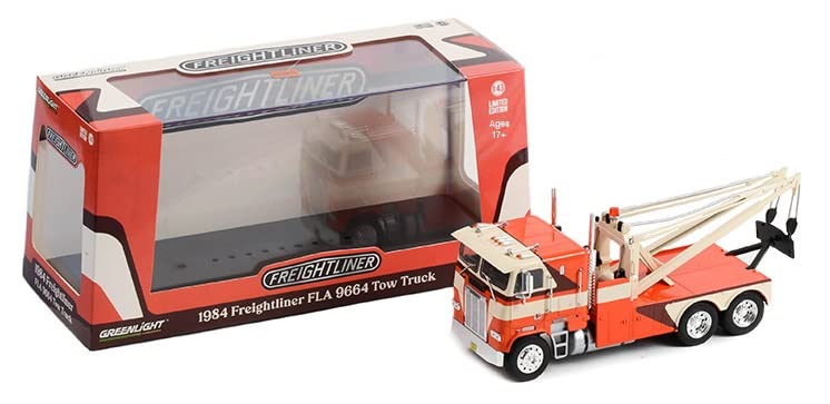 Greenlight 86631 1984 Freightliner FLA 9664 Tow Truck - Orange, White and Brown 1/43 Scale