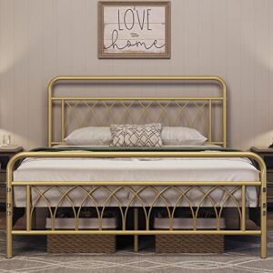 topeakmart metal full bed frame platform bed with petal accented headboard and footboard, ample under-bed storage, heavy duty steel slat support, no box spring needed, antique gold