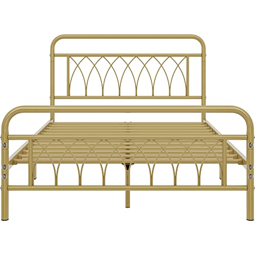 Topeakmart Metal Full Bed Frame Platform Bed with Petal Accented Headboard and Footboard, Ample Under-Bed Storage, Heavy Duty Steel Slat Support, No Box Spring Needed, Antique Gold