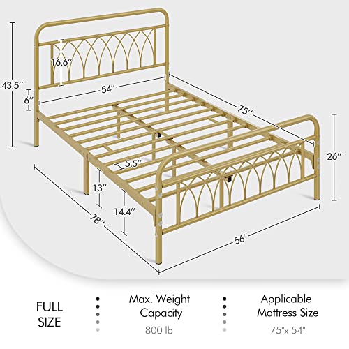Topeakmart Metal Full Bed Frame Platform Bed with Petal Accented Headboard and Footboard, Ample Under-Bed Storage, Heavy Duty Steel Slat Support, No Box Spring Needed, Antique Gold