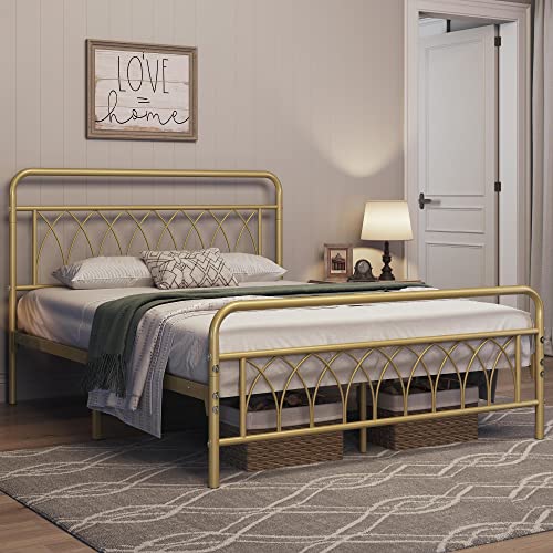 Topeakmart Metal Full Bed Frame Platform Bed with Petal Accented Headboard and Footboard, Ample Under-Bed Storage, Heavy Duty Steel Slat Support, No Box Spring Needed, Antique Gold