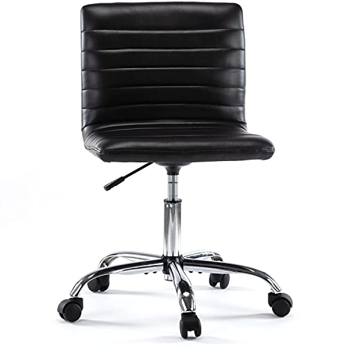 Armless Office Chair Vanity Chair, Armless Desk Chair Leather Home Office Desk Chairs with Wheels Mid Back Computer Task Chair Adjustable Rolling Chair