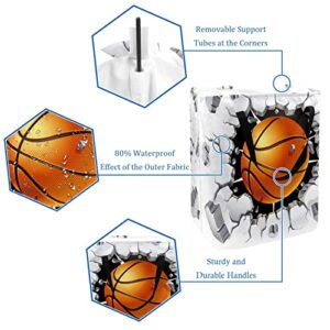 Basketball in the Damage Wall Crack Print Collapsible Laundry Hamper, 60L Waterproof Laundry Baskets Washing Bin Clothes Toys Storage for Dorm Bathroom Bedroom