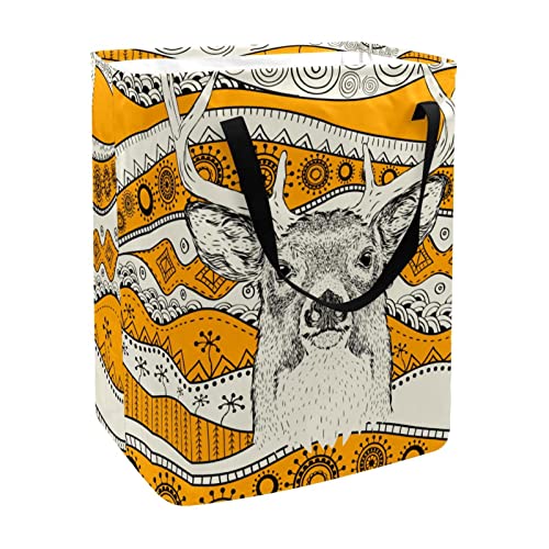 African Deer in Ethnic Tribal Pattern Print Collapsible Laundry Hamper, 60L Waterproof Laundry Baskets Washing Bin Clothes Toys Storage for Dorm Bathroom Bedroom