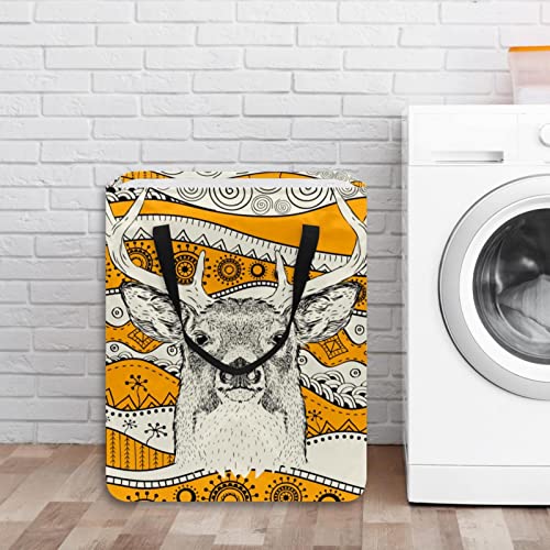 African Deer in Ethnic Tribal Pattern Print Collapsible Laundry Hamper, 60L Waterproof Laundry Baskets Washing Bin Clothes Toys Storage for Dorm Bathroom Bedroom