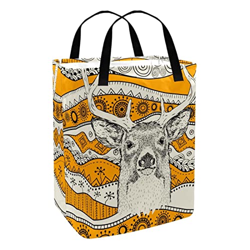African Deer in Ethnic Tribal Pattern Print Collapsible Laundry Hamper, 60L Waterproof Laundry Baskets Washing Bin Clothes Toys Storage for Dorm Bathroom Bedroom