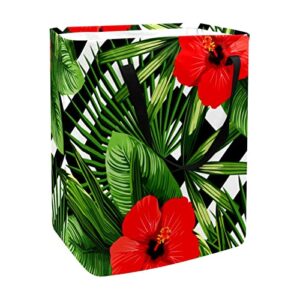 red hibiscus with leaves in striped print collapsible laundry hamper, 60l waterproof laundry baskets washing bin clothes toys storage for dorm bathroom bedroom