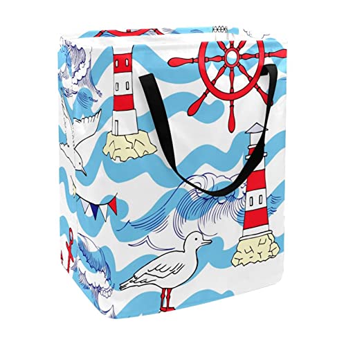 Seagull Lighthouse Wheel Wave Sea Ocean Pattern Print Collapsible Laundry Hamper, 60L Waterproof Laundry Baskets Washing Bin Clothes Toys Storage for Dorm Bathroom Bedroom