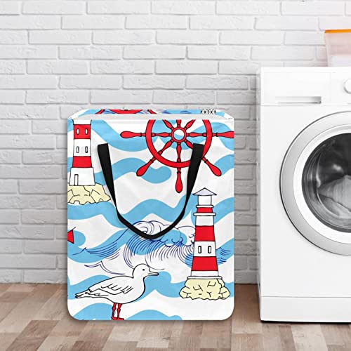 Seagull Lighthouse Wheel Wave Sea Ocean Pattern Print Collapsible Laundry Hamper, 60L Waterproof Laundry Baskets Washing Bin Clothes Toys Storage for Dorm Bathroom Bedroom