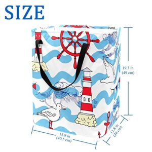 Seagull Lighthouse Wheel Wave Sea Ocean Pattern Print Collapsible Laundry Hamper, 60L Waterproof Laundry Baskets Washing Bin Clothes Toys Storage for Dorm Bathroom Bedroom