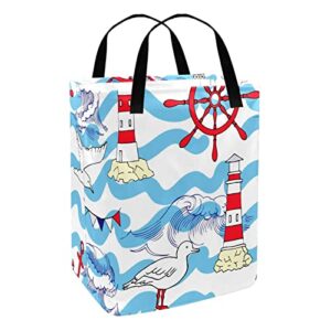 Seagull Lighthouse Wheel Wave Sea Ocean Pattern Print Collapsible Laundry Hamper, 60L Waterproof Laundry Baskets Washing Bin Clothes Toys Storage for Dorm Bathroom Bedroom