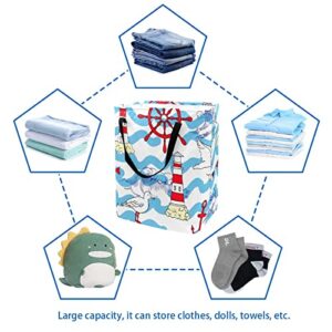 Seagull Lighthouse Wheel Wave Sea Ocean Pattern Print Collapsible Laundry Hamper, 60L Waterproof Laundry Baskets Washing Bin Clothes Toys Storage for Dorm Bathroom Bedroom