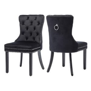 goolon velvet dining chair set of 2 wingback tufted chairs for dining room upholstered dining chairs with nailhead rivet trim design pull ring on backrest wood legs for kitchen dining room black