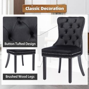 GOOLON Velvet Dining Chair Set of 2 Wingback Tufted Chairs for Dining Room Upholstered Dining Chairs with Nailhead Rivet Trim Design Pull Ring on Backrest Wood Legs for Kitchen Dining Room Black