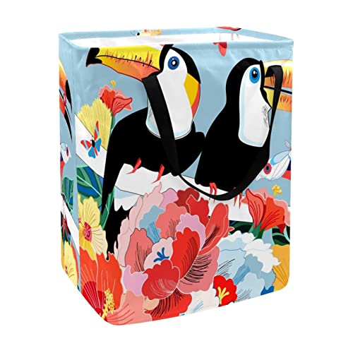 Birds Toucans on a Floral Print Collapsible Laundry Hamper, 60L Waterproof Laundry Baskets Washing Bin Clothes Toys Storage for Dorm Bathroom Bedroom