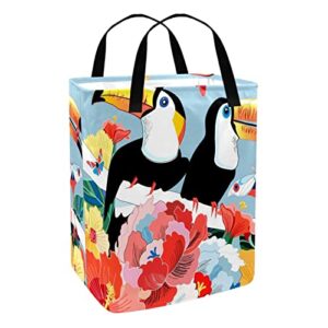 Birds Toucans on a Floral Print Collapsible Laundry Hamper, 60L Waterproof Laundry Baskets Washing Bin Clothes Toys Storage for Dorm Bathroom Bedroom