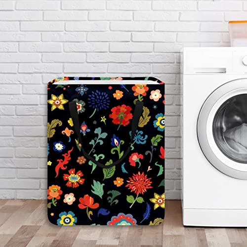 Flowers and Leaves Print Collapsible Laundry Hamper, 60L Waterproof Laundry Baskets Washing Bin Clothes Toys Storage for Dorm Bathroom Bedroom