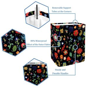 Flowers and Leaves Print Collapsible Laundry Hamper, 60L Waterproof Laundry Baskets Washing Bin Clothes Toys Storage for Dorm Bathroom Bedroom